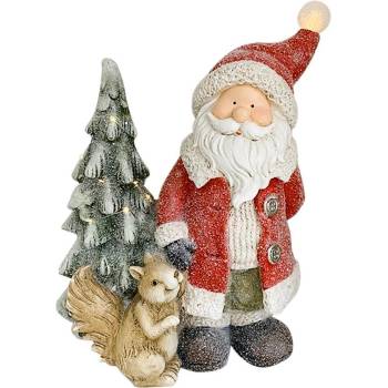 MagicHome Dekorace Vánoce Santa s veverkou a stromkem 1 LED 2xAAA keramika 35,5