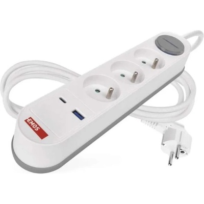 EMOS удължител 2 м, 3 контакта, прекъсвач, 1×usb-a + 1×usb-c, 1, 5 мм2, бял (p1312fc)