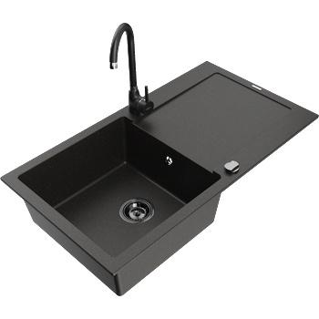 Mexen Leo гранитна мивка 1-компонентна с отцедник и кухненски смесител Telma, черен/златен металик - 6501-75-670200-70-B (6501-75-670200-70-B)