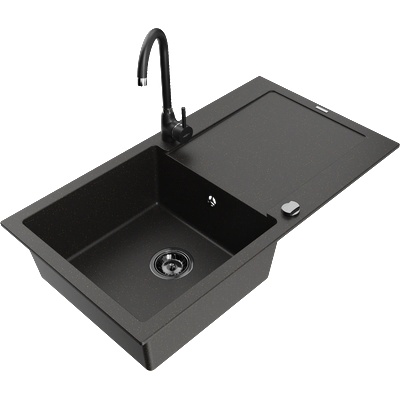 Mexen Leo гранитна мивка 1-компонентна с отцедник и кухненски смесител Telma, черен/златен металик - 6501-75-670200-70-B (6501-75-670200-70-B)