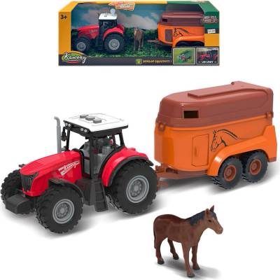 FARM SERVICE Traktor s přívěsem na koně s koněm se zvuky a světly