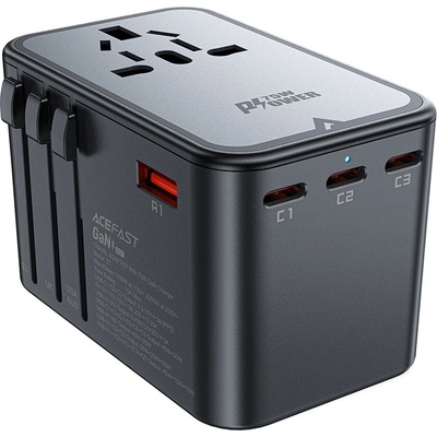 ACEFAST Адаптер за пътуване Z1 - Acefast, 3x Type-C, 2x USB, GaN, EU/UK/AUS/US, PD75W, многофункционално бързо зарядно устройство - черно