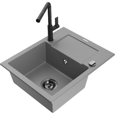Mexen Enzo гранитна кухненска мивка 1-коморна с отцедник и кухненски смесител Flora, сива - 6506-71-670401-70-B (6506-71-670401-70-B)