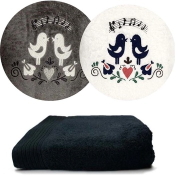 Zelenáčky osuška s výšivkou ptáčci a noty bavlna 70 x 140 cm černá