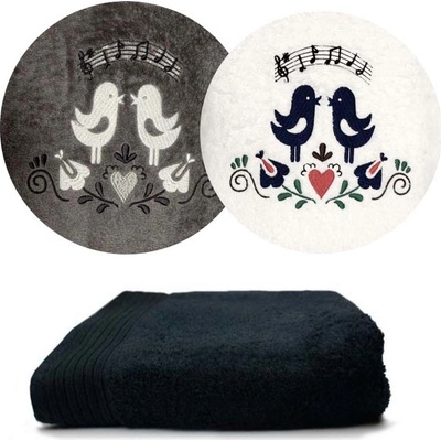 Zelenáčky osuška s výšivkou ptáčci a noty bavlna 70 x 140 cm černá