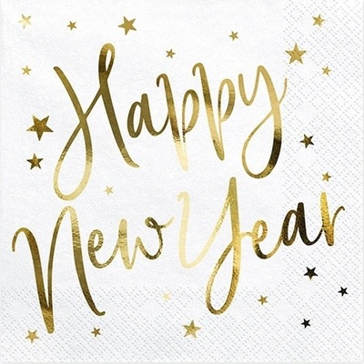 PartyDeco ubrousky Happy New Year bílé 33x33cm