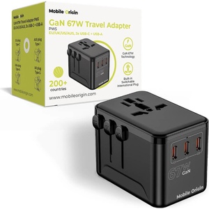 Mobile Origin Захранване с 3xUSB-C и 1xUSB-A изхода и преходници за цял свят в едно устройство за мобилни устройства - Mobile Origin PW5 Multifunctional Travel Wall Charger GaN 67W (черен) (MO-TRA67-PW5)