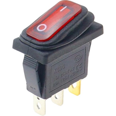 Kolískový vypínač obdĺžnikový s podsvietením KCD3, ON-OFF, IP65, 250V/15A Červená