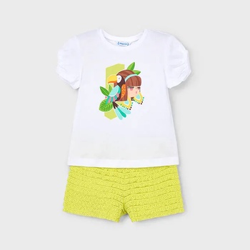 Mayoral Комплект къс панталон фантазия в цвят жълто и бяла тениска с апликация за мини момиче Майорал