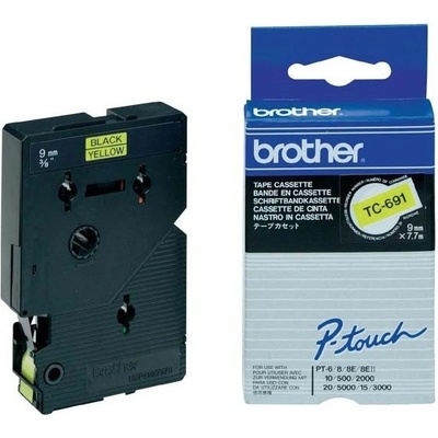 Brother originál páska do tlačiarne štítkov, Brother, TC-691, čierny tlač/žltý podklad, laminovaná, 7.7m, 9mm TC691