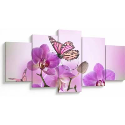 Obraz - Motýľ na kvetoch orchidey, lila (s hodinami), päťdielne 150x80 cm s hodinami