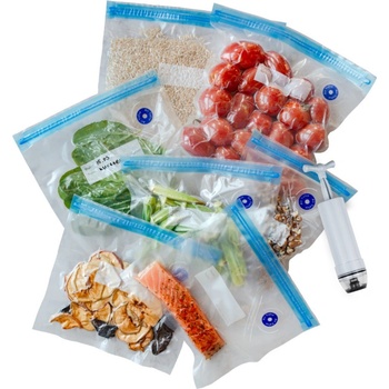 Izibizi Пликове за вакуумиране и готвене Су Вид Izibizi, 20 бр, 4 размера, -20 до +95C, Многократна употреба, Без BPA, Двойно херметично затваряне, Прозрачен/син (Су Вид Izibizi 20)