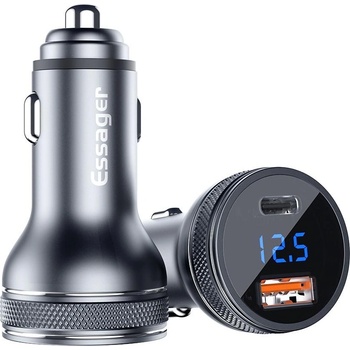 ESSAGER PD3.0+QC3.0 36W зарядно за кола с дисплей, Type-C, USB-A - черен