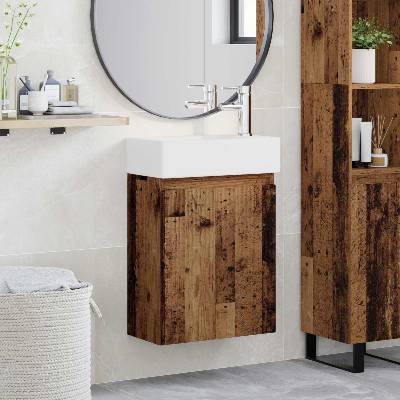vidaXL Мивка за баня със смесител Старо дърво 45, 5 x 22, 5 x 84 см (889459)