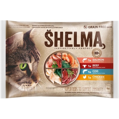 Shelma Cat kura hovädzie losos a treska 4 x 85 g