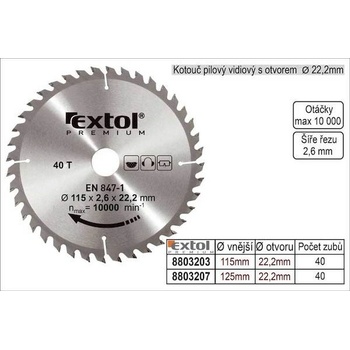 EXTOL PREMIUM Kotouč pilový s SK plátky, O 250x3,0x30mm, 40T (8803241)