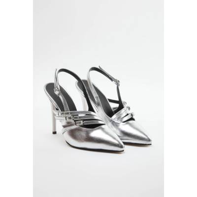 Trendyol Silver Band Detailed Pointed Toe Women's Thin Heel Shoes šedá