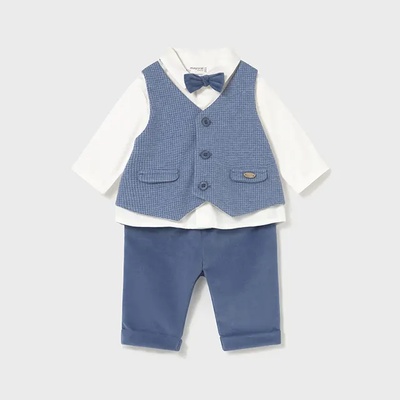 Mayoral Комплект бяла риза с панталон и елек в син цвят за новородено момче Mayoral