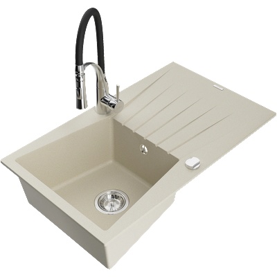 Mexen Cesar кухненска мивка от гранит с 1 отделение, с отцедник и кухненски смесител Aster, бежов - 6514-69-73450-07 (6514-69-73450-07)