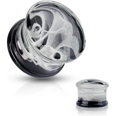Šperky Eshop sedlový plug do ucha sklo Pyrex vzor bílý dým s černým zakončením G25.01