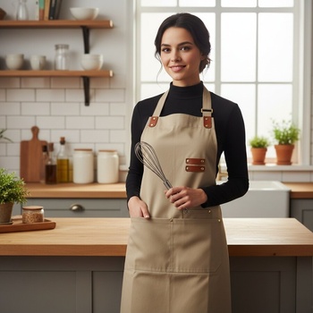 Image 1 of Платнена готварска престилка в цвят бежово каки