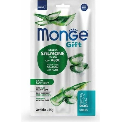 MONGE GIFT Sticks Skin support tyčinky pre psov pre podporu pokožky s lososom a aloe verou 3 x 45 g