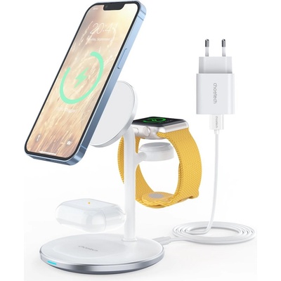 Choetech 3in1 Inductive Wireless Charging Station - тройна поставка (пад) за безжично зареждане за iPhone с Magsafe, Apple Watch и AirPods (бял)