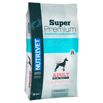 Nutrivet Super Premium SALMON & RICE ADULT DOGS - храна за пораснали кучета от всички породи, с алергии или проблемен стомах, със сьомга и пилешко месо, БЕЗ ГЛУТЕН, Франция - 15 кг
