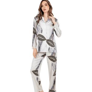 Image 1 of Дамска сатенена пижама в цвят крем с листа