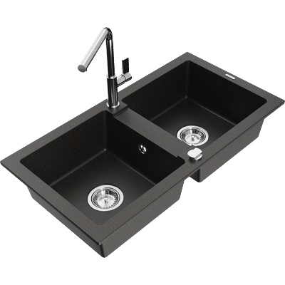 Mexen Mario двоен кухненски гранитен мивка с кухненски смесител Flora, черен/златен металик - 6504-75-670401-00 (6504-75-670401-00)