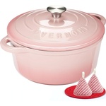 Overmont roasting pan enamel cast iron pot - casserole 28cm oven-safe - with lid and cookbook - for kitchen baking stewing roasting pink - Enamelled - Enamelled Cast Iron