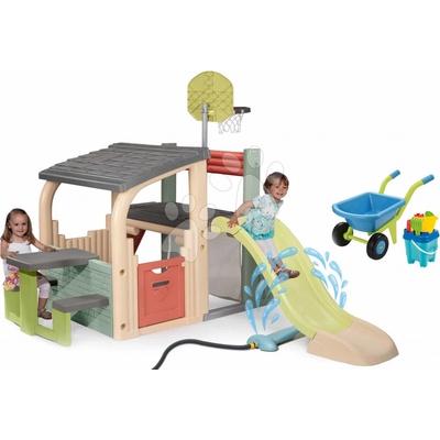 Smoby Set hrací centrum s piknikovým stolem Multisport Fun Center Life se 150 cm skluzavkou a vodní hra s kolečkem a kbelík set