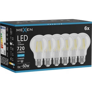 Mexen Vintis 6x LED филaмент крушка E27, A60, 6W, Студена - 6500K, 720 lm, прозрачна (L150-E27-0665-00x06)