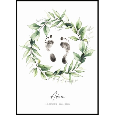 Jen tak z lásky Plakát Otisk nožiček Rozměr plakátu: 30 x 40 cm, Varianta plakátu: S údaji o narození, Barevná varianta věnce: Vavřín