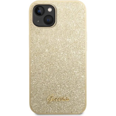 GUESS Glitter Flakes Metal Logo Case - хибриден удароустойчив кейс за iPhone 14 (златист)