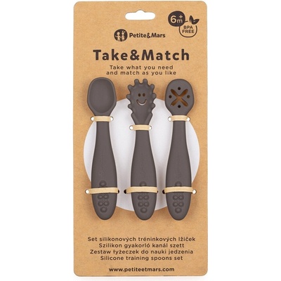PETITEMARS PETITE&MARS Set 3 ks silikónových tréningových lyžičiek Take&Match Bitter Cocoa 6m+