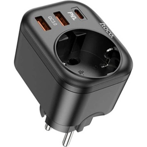 hoco. Комбинирано Зарядно с Разклонител, Hoco 3USB+1Bit 220v 20w, Черен (6931474766168)
