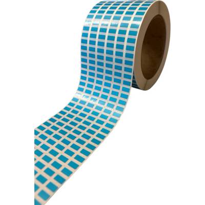 Plastová Etiketa 10 mm x 5 mm, Perforácia, 6 - Produkcia, Polypropylén, Modrá, Dutinka 76 mm, 30000 ks/kotúč, Permanentné lepidlo, Priemer kotúča 114 mm