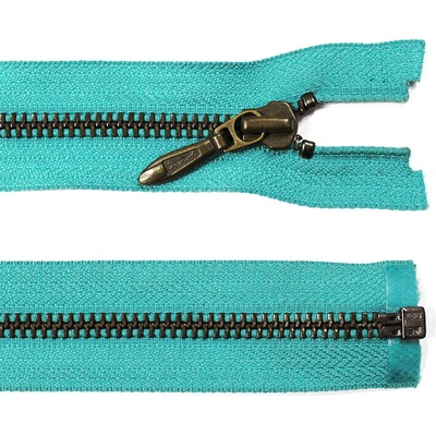Kovový zip no.5 rozepínací 40cm tyrkysový (staromosazné zoubky)