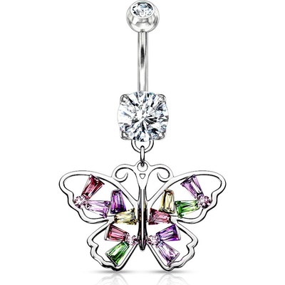 Šperky eshop piercing do bříška z oceli rhodiovaný motýl čirý zirkon pestrobarevné zirkony W29.40