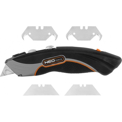 NEO TOOLS Nôž s lichobežníkovou čepeľou a hákovou čepeľou, kovové telo 6 čepelí 63-700