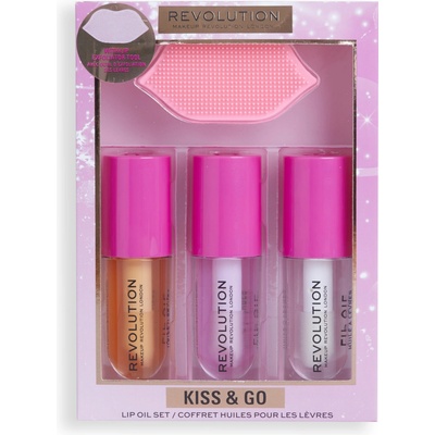 Makeup Revolution London Kiss & Go Lip Oil Set, Lip Oil 4,5 ml, Lip Oil Honey 4,5 ml + Lip Oil Peach Pink 4,5 ml + Lip Oil Watermelon 4,5 ml + peelingový olej 1 x