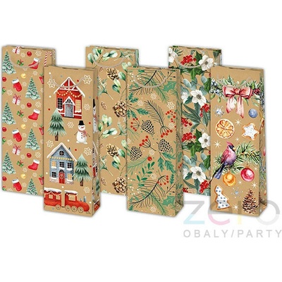 Taška papírová dárková na láhev 13x38x11 cm (eko) - vánoční (mix)
