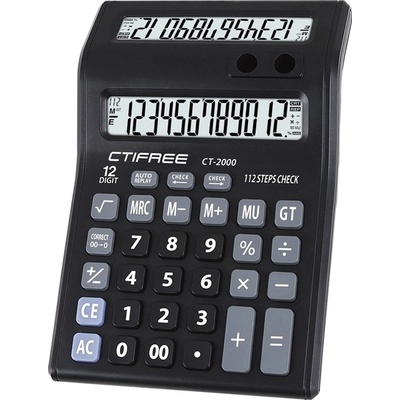 CTIFREE CT-2000 черен калкулатор с двоен дисплей, 135x195mm, 12 цифри, 2 години гаранция (CT-2000)
