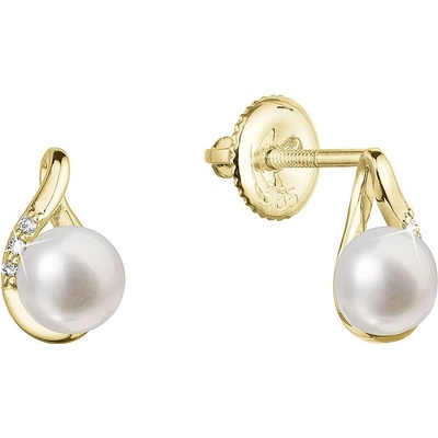 Pavona zlaté 14 karátové náušnice slza s říční perlou a brilianty 91PB00034
