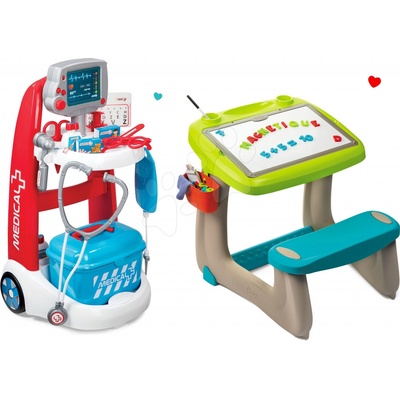 Smoby Set lekársky vozík elektronický Medical + lavica s odkladacím priestorom a obojstrannou tabuľou 340202-8M