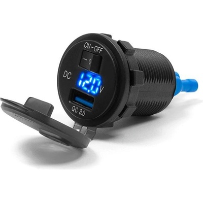 BIKETEC motocyklová zásuvka USB QUICK CHARGE s voltmetrem a vypínačem montáž na rovný povrch (kapotáž, kufr) nebo na řídítka - vyžaduje adaptér BTMUS28 (EL)