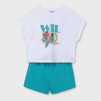 Mayoral Сет къс панталон в тюркоазен цвят и бяла тениска Wild за момиче Майорал