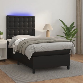 vidaXL Боксспринг легло с матрак и LED черно 90x200 см изкуствена кожа (3135921)