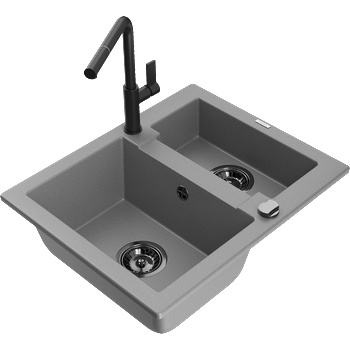 Mexen Carlos гранитна мивка 1, 5-камерна с кухненски смесител Flora, сив - 6518-71-670401-70-B (6518-71-670401-70-B)